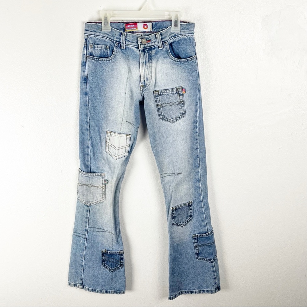 KOSIUKO Light Wash Patchwork Button Fly Flare Legs Distressed Jeans 23 Biker